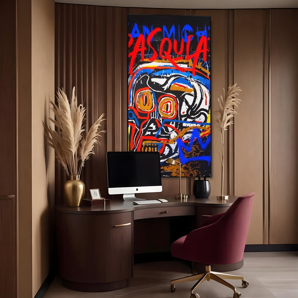 Tablou canvas cu tablou canvas cu portret stil graffiti, in rama de aluminiu negru, pe perete intr-un birou